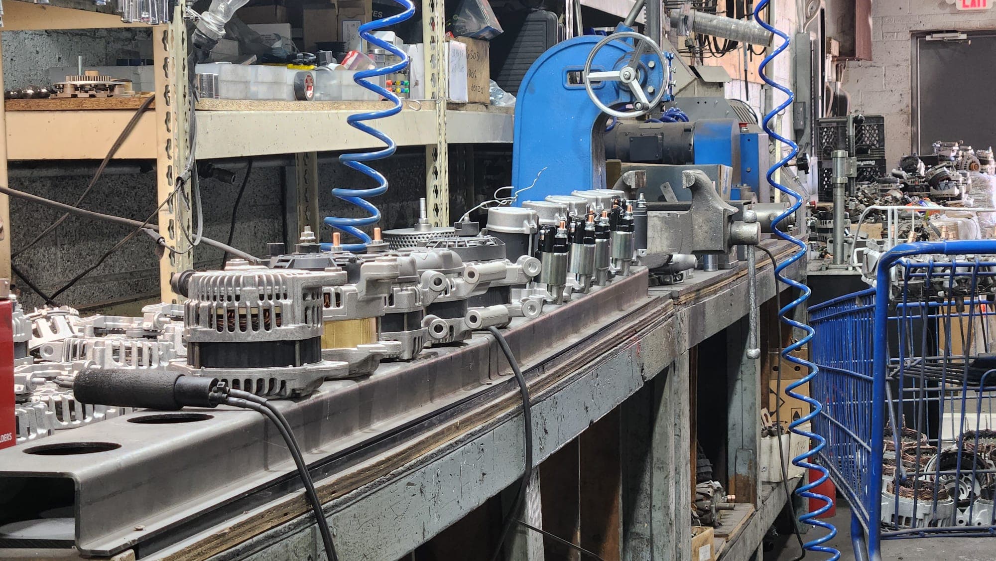 Row of remanufactured starter motors ready for Detroit customers